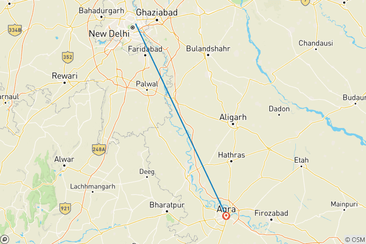 Carte du circuit Transfert aller simple vers Agra depuis Delhi avec vue sur le Taj Mahal au coucher du soleil depuis l'arrière