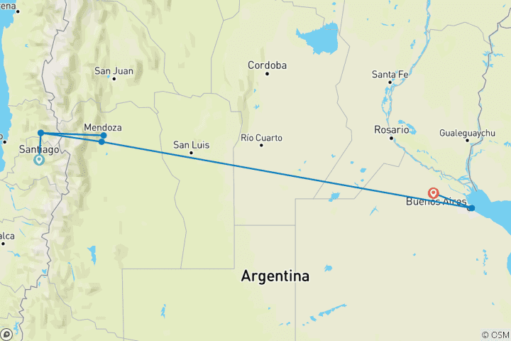 Map of Essential South America featuring Chile, the Mendoza Wine Region & Buenos Aires (Santiago to Buenos Aires)