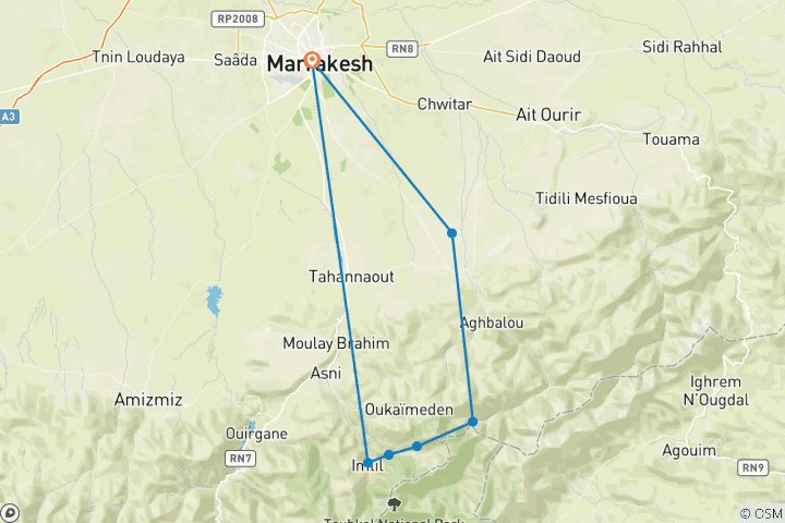 Map of 3 Days Trekking from Imlil To Ourika In The Atlas Mountains