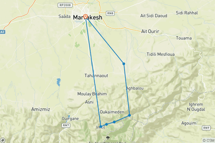 Map of 3 Days Trekking from Imlil To Ourika In The Atlas Mountains