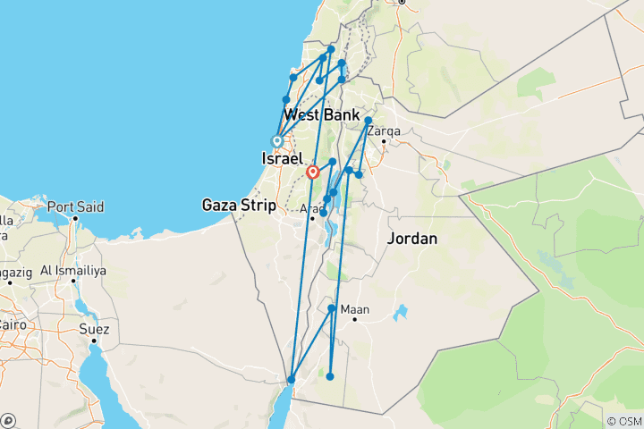 Map of 13 Day Christian Israel & Jordan Tour Package