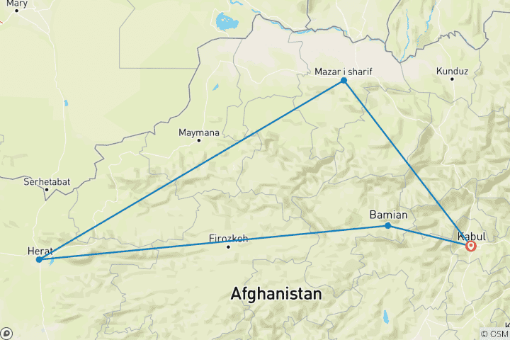 Map of Discover Afghanistan: 10 Days of Culture and Beauty. (Journey Through Kabul, Bamyan, Kandahar, Herat, and Mazar E Sharif)