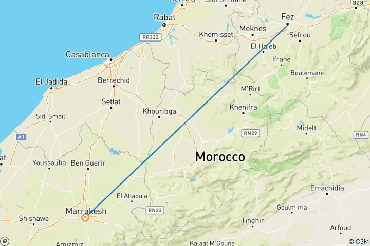 Map of Transfer from Fez to Marrakech Airport or city(Private)