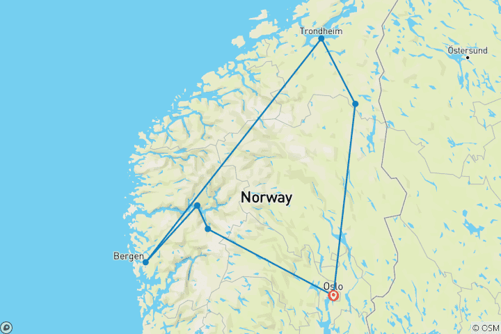 Karte von Norwegen Rundreise - 8 Tage Fjorde mit Hurtigruten Kreuzfahrt