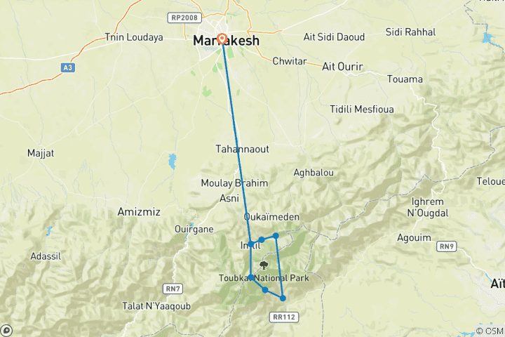 Carte du circuit Montagne Toubkal 8 jours de trek