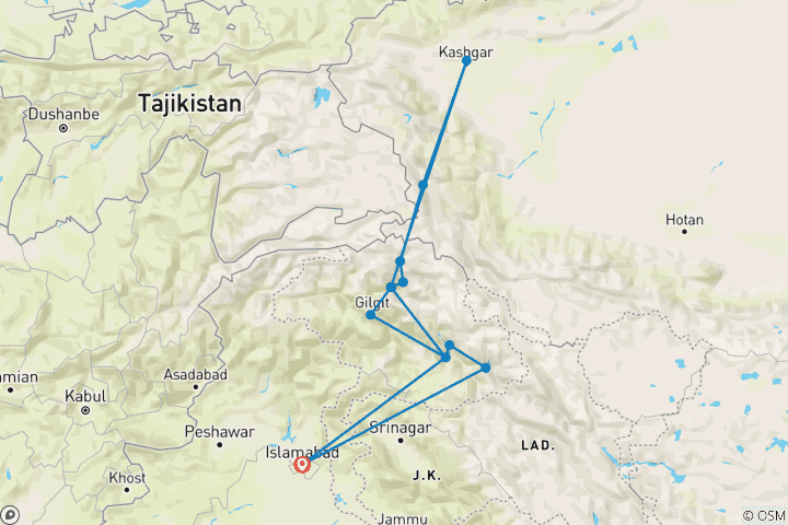 Kaart van Luxe rondreis van Pakistan naar China: Van Karakoram naar Pamirs