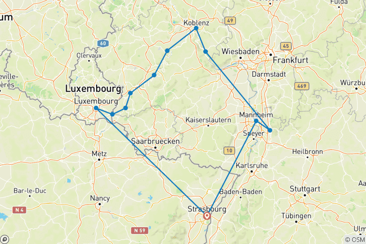 Map of 4 Rivers: The Neckar, Romantic Rhine, Moselle, and Sarre Valleys