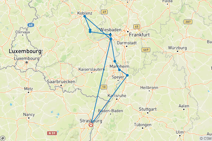 Map of The Romantic Rhine Valley and the Rock of Lorelei (port-to-port cruise) - MONET (10 destinations)