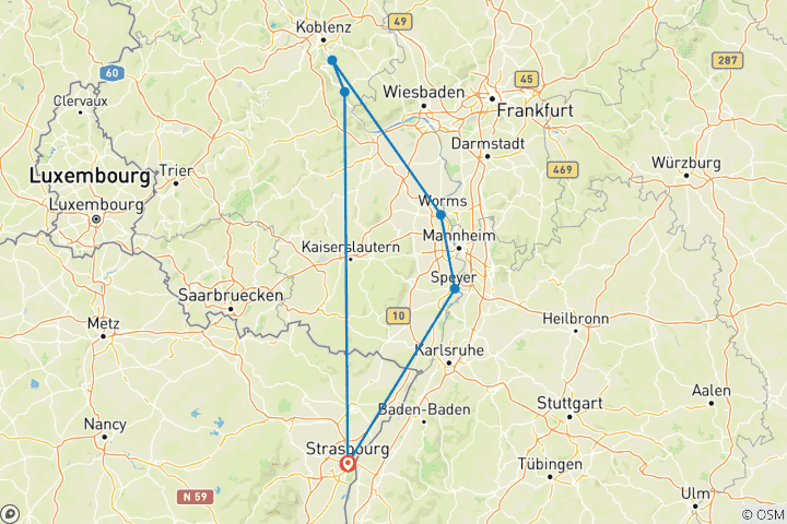 Carte du circuit Noël sur le Rhin romantique, la féerie du Rocher de la Lorelei (croisière port à port) - DOUCE FRANCE (12 destinations)