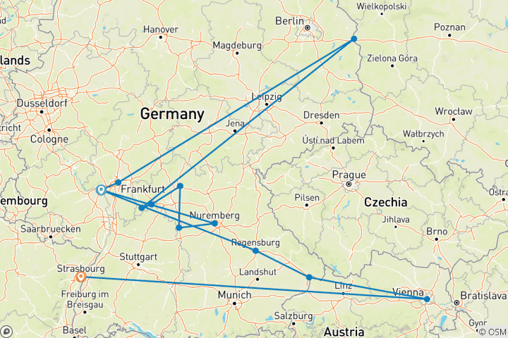 Map of Cruise through the Heart of Europe from the Rhine to the Danube (from Mainz to Strasbourg)