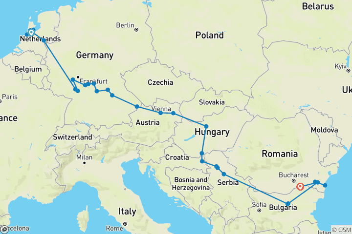 Mapa de De Ámsterdam a las Puertas de Hierro, experiméntalo todo en un crucero fluvial europeo (crucero puerto a puerto)
