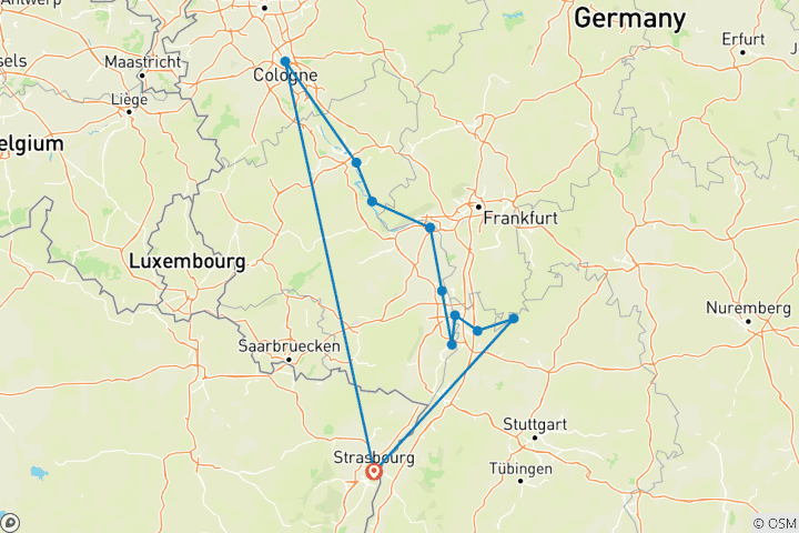 Map of One-of-a-Kind Cruise on the Rhine and Neckar Rivers (port-to-port cruise)