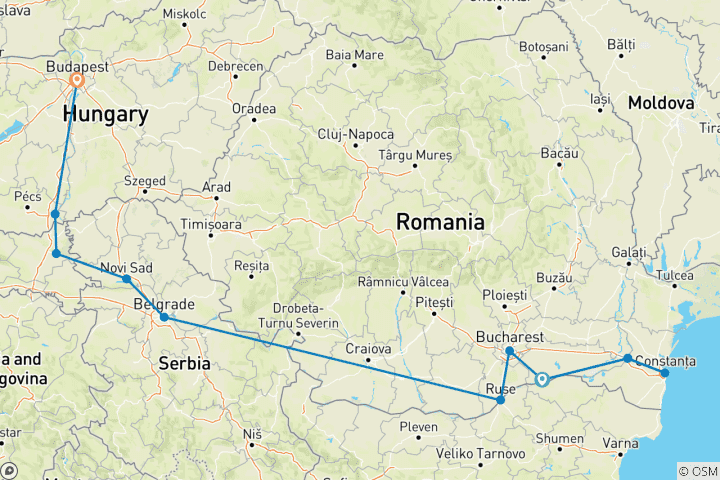 Carte du circuit Le long du Danube, la péninsule des Balkans et Budapest (from Oltenita to Budapest)