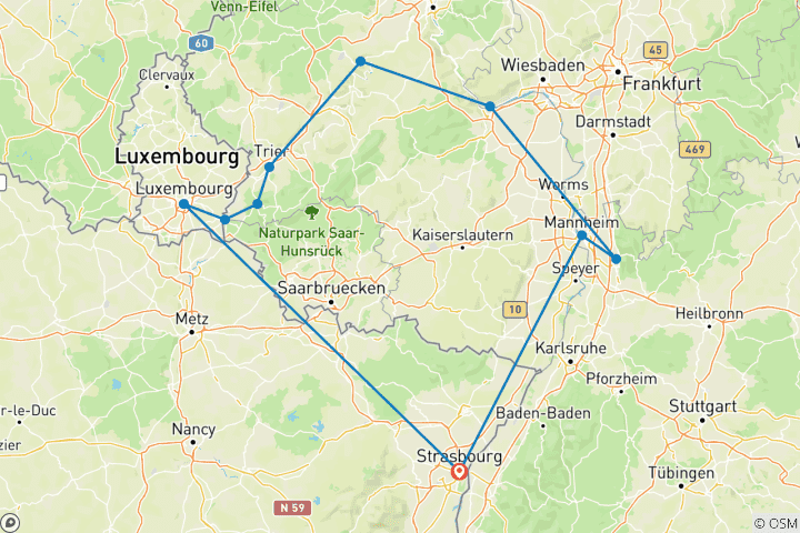 Map of 4 Rivers: The Neckar, Romantic Rhine, Moselle, and Sarre Valleys (10 destinations)