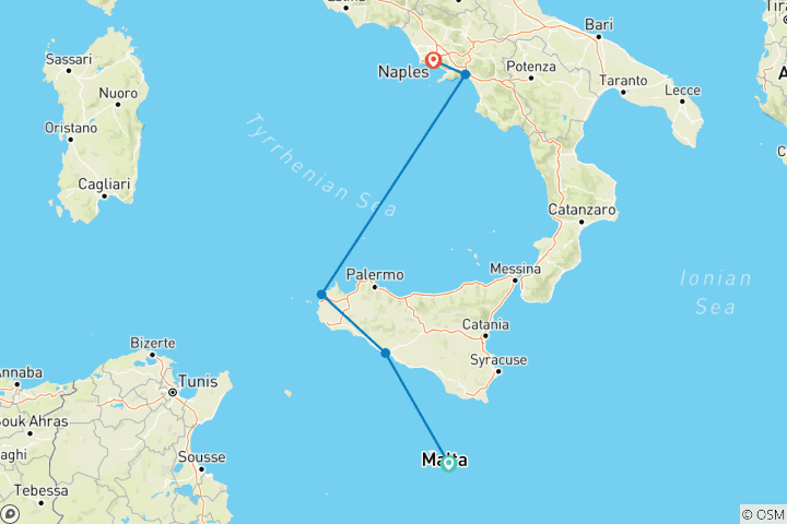 Map of The Best Spots in Sicily and Southern Italy (port-to-port cruise) (from Valletta to Naples)