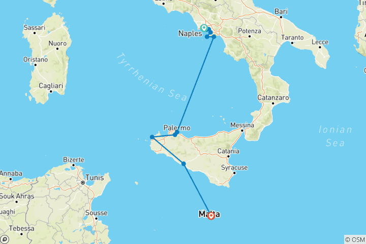 Map of The Best Spots in Sicily and Southern Italy (port-to-port cruise) (from Naples to Valletta)