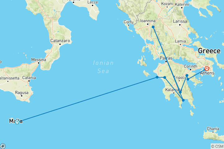 Map of Mediterranean Wonders from Malta to Ancient Greece (port-to-port cruise)