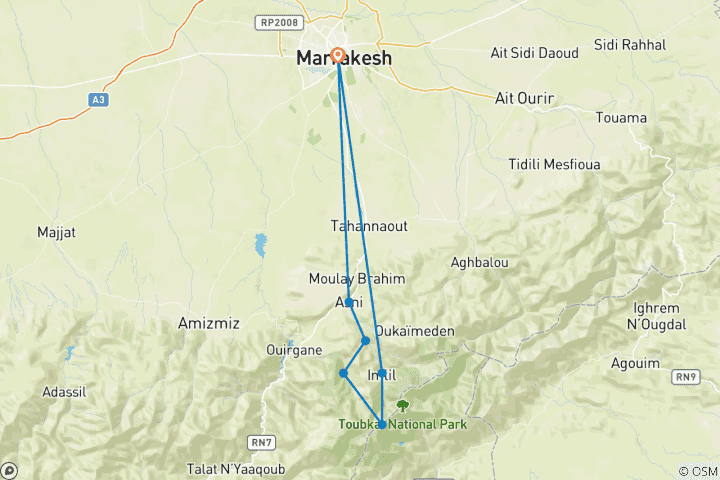 Mapa de 5 días de trekking Valles del Alto Atlas, Pueblos Bereberes y Monte Toubkal