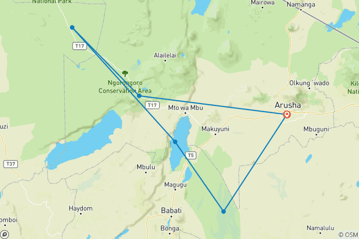 Carte du circuit Safari confortable de 7 jours pour la faune et la lune de miel