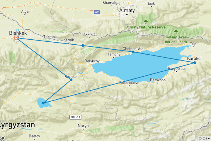 Map of Kyrgyzstan: Two Lakes Journey Issyk Kul and Song Kul