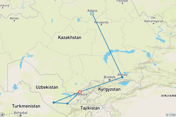 Map of Private Train Tour Kazakhstan - Uzbekistan - On Rails Through Central Asia