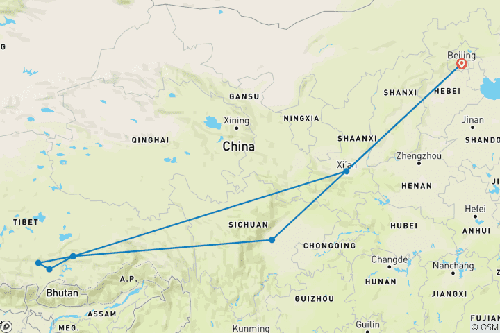 Karte von China - Reise mit der Tibetbahn - Geführte Privatreise