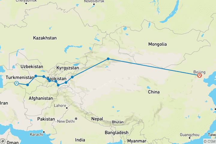 Karte von Zentralasien: Traumstraßen der Welt - Geführte Privatreise