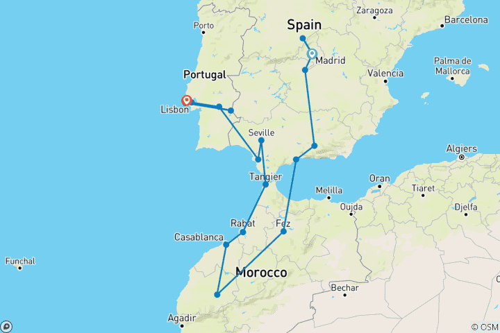 Carte du circuit Espagne, Maroc et Portugal (fin à Lisbonne)