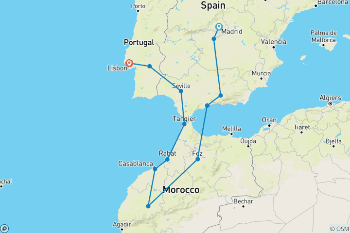 Map of Spain, Morocco and Portugal (End Lisbon 2025 Onwards, 16 Days)