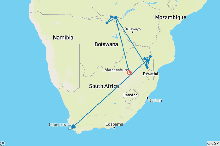 Carte du circuit L'Afrique incomparable : Circuit privé du Cap aux chutes Victoria, safari à Chobe et Johannesburg