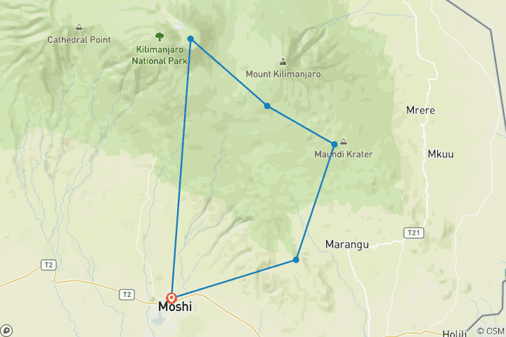 Kaart van Ervaar de 5-daagse Kilimanjaro trektocht: Marangu Route