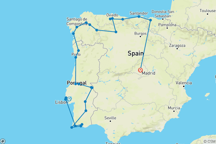 Karte von Ganz Portugal und Nordspanien (28 Destinationen)