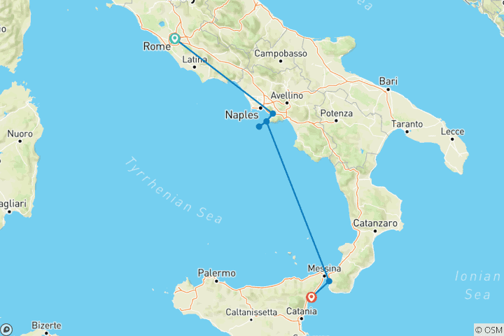 Map of SOUTHERN FLAVORS from ROME to TAORMINA