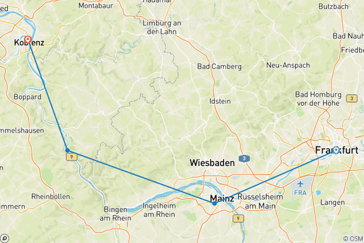 Karte von Romantischer Rhein von Frankfurt nach Koblenz | Deutschland | 4 Tage