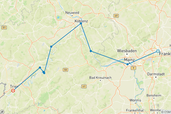 Map of Rhine, Main & Moselle: From Frankfurt to Trier| Germany | 7 days