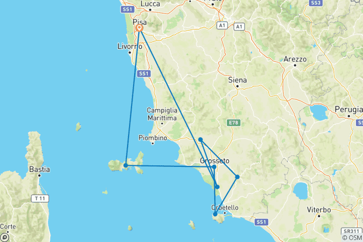 Karte von Geführte Toskana-Ebiketour | Italien: Highlights der südlichen Toskana & Elba | 8 Tage