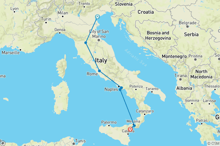 Carte du circuit DU HAUT EN BAS DE L'ITALIE 4* / STANDARD de VENISE à TAORMINA