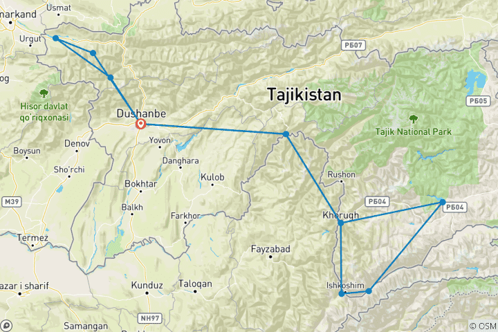 Kaart van Pamir snelweg tour: Ontdek de majestueuze landschappen van Tadzjikistan