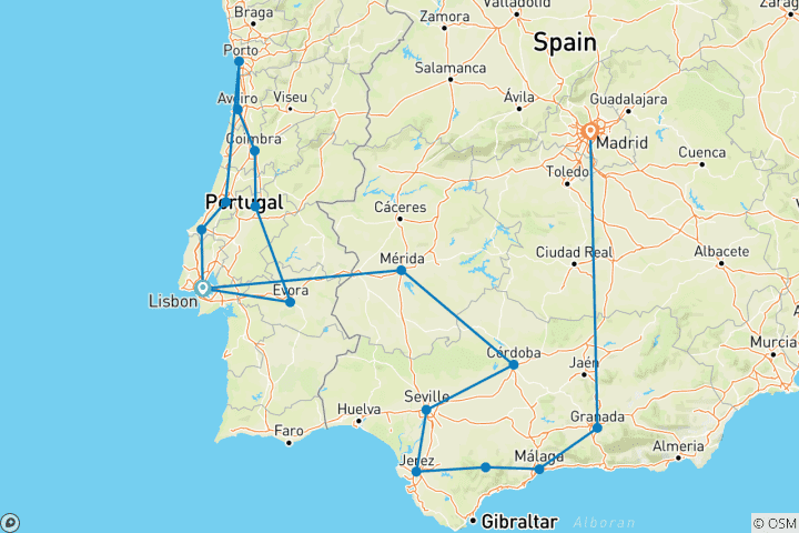 Carte du circuit Portugal, Andalousie et Madrid - 15 jours