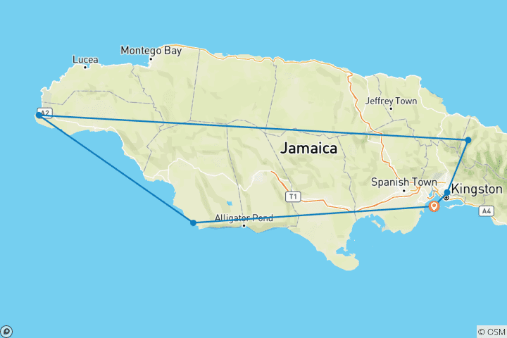 Mapa de Viaje por carretera a Jamaica: el ritmo del reggae se une al sol del Caribe