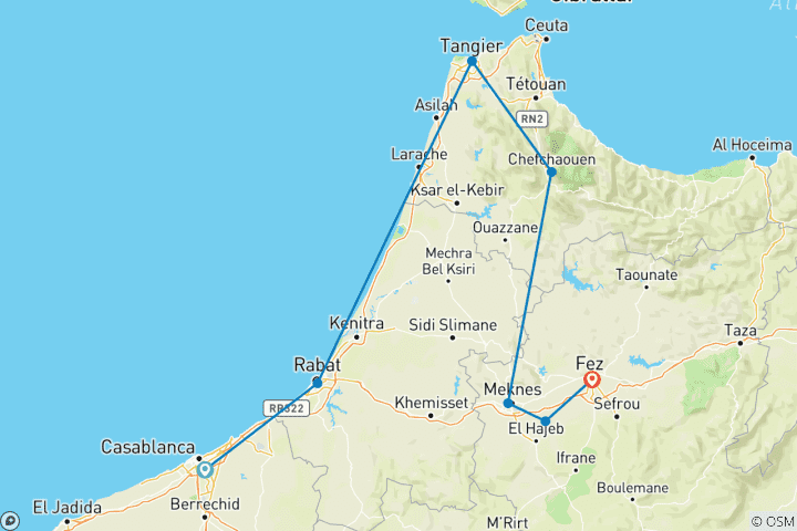Kaart van 5-Daagse Noord-Marokkaanse Juweeltjes: Casablanca naar Fes Privéreis