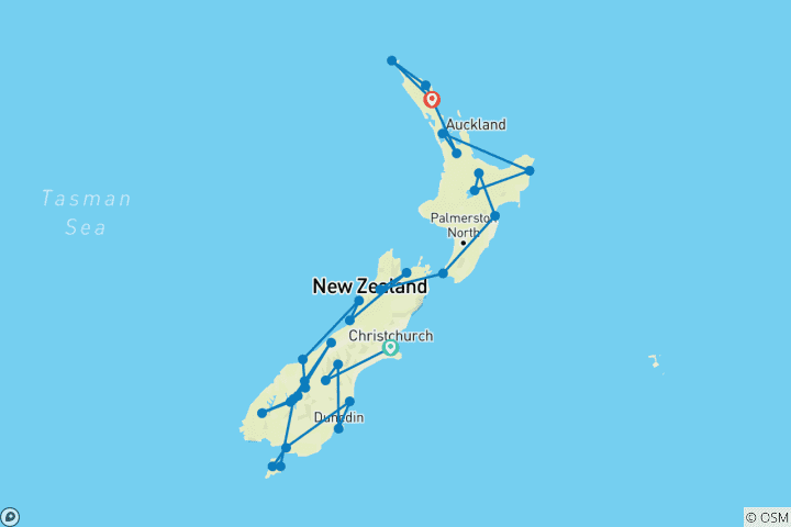 Carte du circuit Esprit de la Nouvelle-Zélande (petit groupe, 2025/2026)