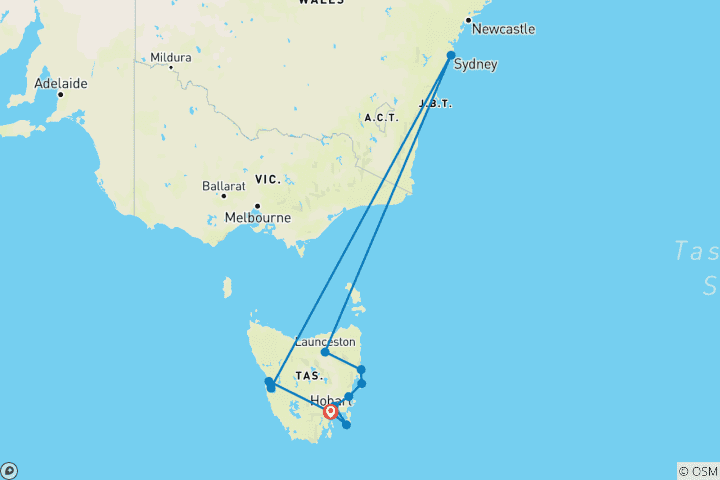 Carte du circuit La Tasmanie parfaite (Base, 2025/2026, 13 jours)