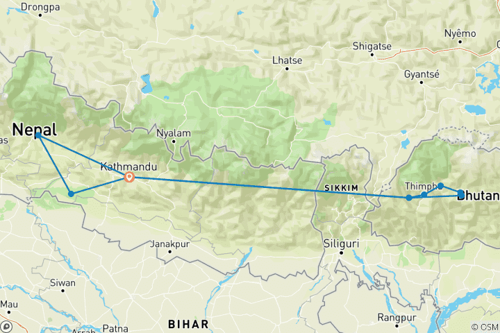 Karte von Nepal und Bhutan - Geführte Privatreise