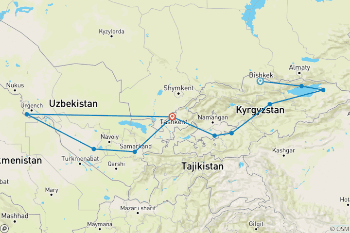 Map of Combined tour: Kyrgyzstan - Uzbekistan