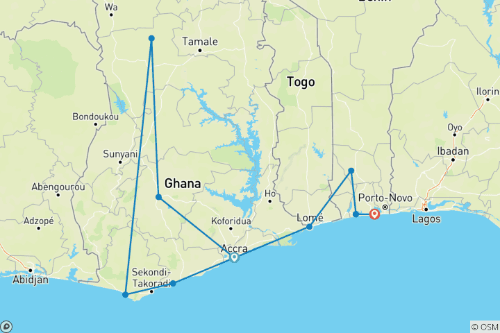 Mapa de Mega Festival Circuito de 21 días por Ghana, Togo y Benín.