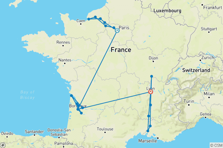 Map of Spectacular South of France , Beautiful Bordeaux & Gems of the Seine 2025 - 31 Days (from Paris to Lyon)