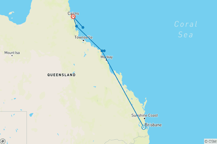 Map of Brisbane to Cairns Discovery - 7 days