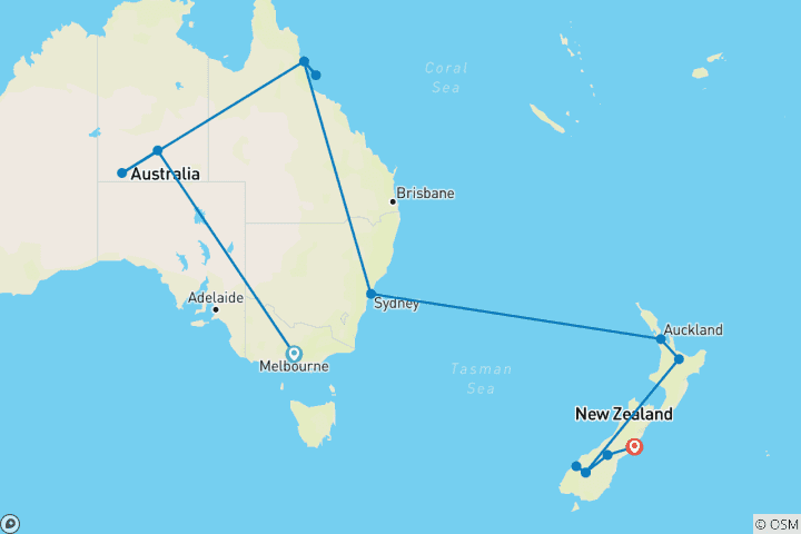 Map of Highlights of Australia and New Zealand (With Internal Air, 2024/2025, 22 Days)