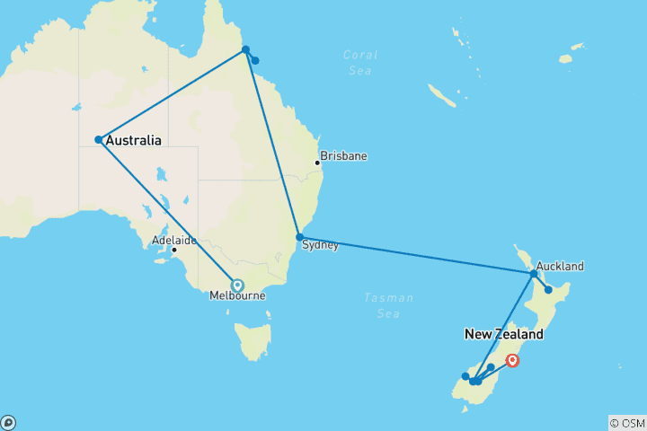 Map of Highlights of Australia and New Zealand (With Internal Air, 2026/2027, 22 Days)